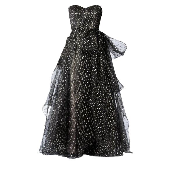 NWT Rene Ruiz Black Metallic Gold Fleck Organza Strapless Bow Fit Flare Gown - Picture 1 of 10